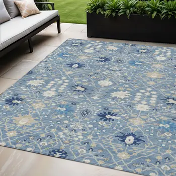 5' X 8' Denim Blue Ivory And Beige Oriental Washable Indoor Outdoor Area Rug