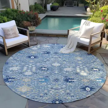 8' Denim Blue Ivory And Beige Round Oriental Washable Indoor Outdoor Area Rug