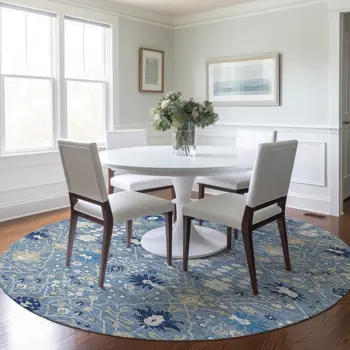 8' Denim Blue Ivory And Beige Round Oriental Washable Indoor Outdoor Area Rug