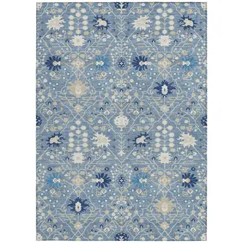 8' X 10' Denim Blue Ivory And Beige Oriental Washable Indoor Outdoor Area Rug