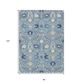 8' X 10' Denim Blue Ivory And Beige Oriental Washable Indoor Outdoor Area Rug