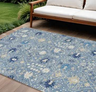 8' X 10' Denim Blue Ivory And Beige Oriental Washable Indoor Outdoor Area Rug