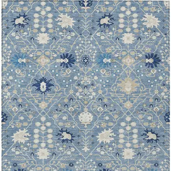 8' X 10' Denim Blue Ivory And Beige Oriental Washable Indoor Outdoor Area Rug