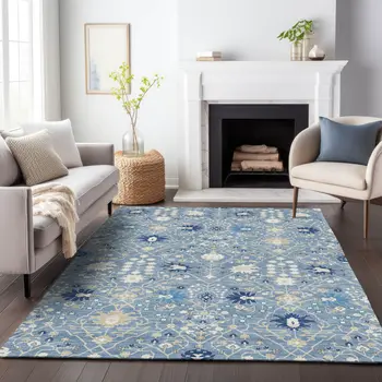 8' X 10' Denim Blue Ivory And Beige Oriental Washable Indoor Outdoor Area Rug