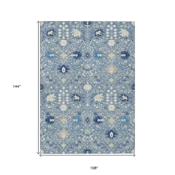 9' X 12' Denim Blue Ivory And Beige Oriental Washable Indoor Outdoor Area Rug