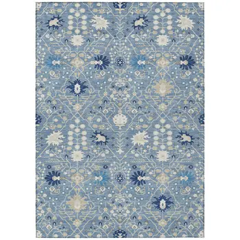 9' X 12' Denim Blue Ivory And Beige Oriental Washable Indoor Outdoor Area Rug
