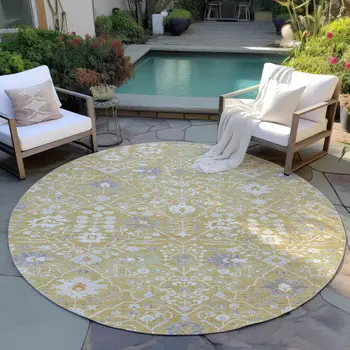 8' Gold Ivory And Gray Round Oriental Washable Indoor Outdoor Area Rug
