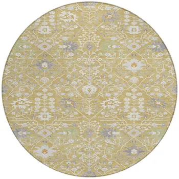 8' Gold Ivory And Gray Round Oriental Washable Indoor Outdoor Area Rug