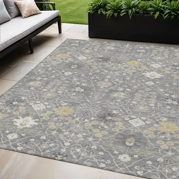 5' X 8' Gray Gold And Ivory Oriental Washable Indoor Outdoor Area Rug