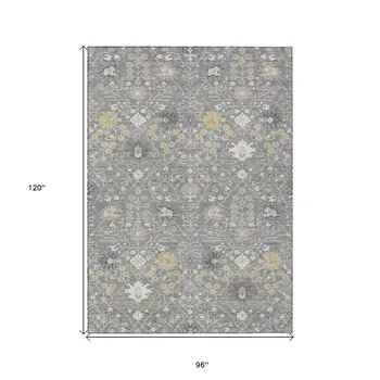 8' X 10' Gray Gold And Ivory Oriental Washable Indoor Outdoor Area Rug