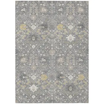 8' X 10' Gray Gold And Ivory Oriental Washable Indoor Outdoor Area Rug