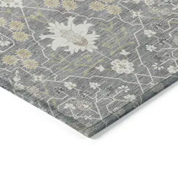 8' X 10' Gray Gold And Ivory Oriental Washable Indoor Outdoor Area Rug