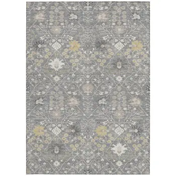 9' X 12' Gray Gold And Ivory Oriental Washable Indoor Outdoor Area Rug