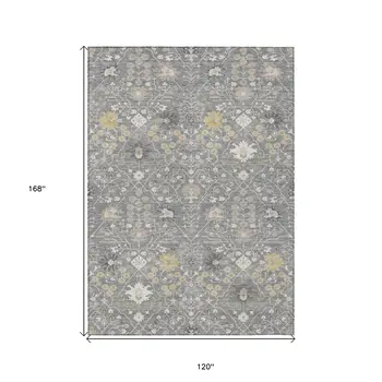 10' X 14' Gray Gold And Ivory Oriental Washable Indoor Outdoor Area Rug