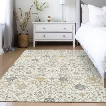 3' X 5' Ivory Beige And Gray Oriental Washable Indoor Outdoor Area Rug