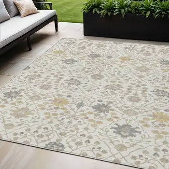 5' X 8' Ivory Beige And Gray Oriental Washable Indoor Outdoor Area Rug