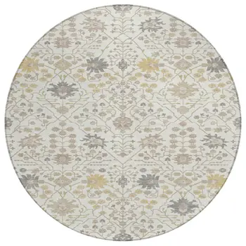 8' Ivory Beige And Gray Round Oriental Washable Indoor Outdoor Area Rug