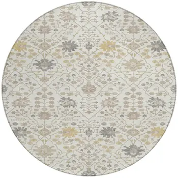 8' Ivory Beige And Gray Round Oriental Washable Indoor Outdoor Area Rug