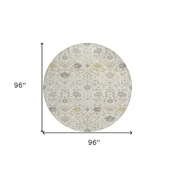8' Ivory Beige And Gray Round Oriental Washable Indoor Outdoor Area Rug