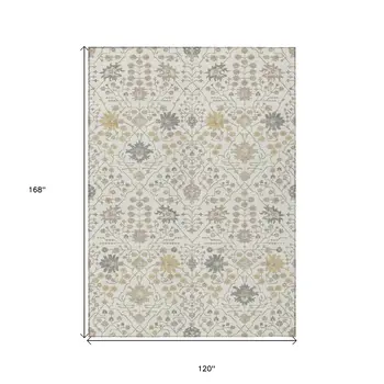 10' X 14' Ivory Beige And Gray Oriental Washable Indoor Outdoor Area Rug