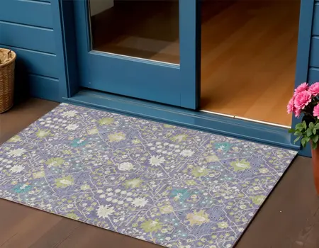 3' X 5' Lavender Blue And Green Oriental Washable Indoor Outdoor Area Rug