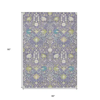 5' X 8' Lavender Blue And Green Oriental Washable Indoor Outdoor Area Rug