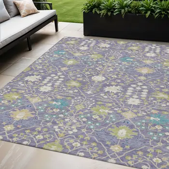 5' X 8' Lavender Blue And Green Oriental Washable Indoor Outdoor Area Rug