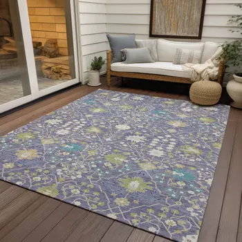 5' X 8' Lavender Blue And Green Oriental Washable Indoor Outdoor Area Rug