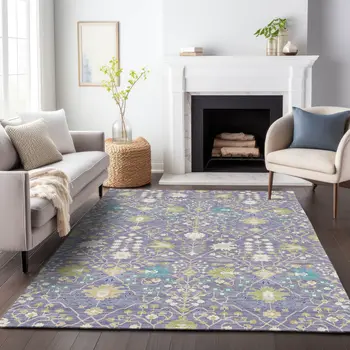 5' X 8' Lavender Blue And Green Oriental Washable Indoor Outdoor Area Rug