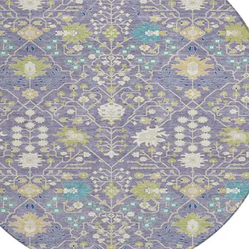 8' Lavender Blue And Green Round Oriental Washable Indoor Outdoor Area Rug