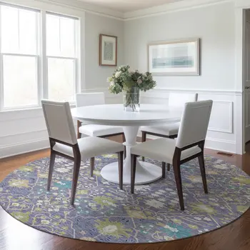 8' Lavender Blue And Green Round Oriental Washable Indoor Outdoor Area Rug