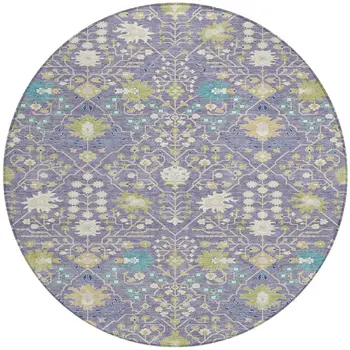 8' Lavender Blue And Green Round Oriental Washable Indoor Outdoor Area Rug