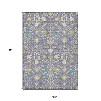 9' X 12' Lavender Blue And Green Oriental Washable Indoor Outdoor Area Rug