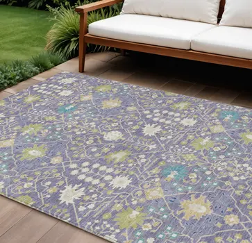 10' X 14' Lavender Blue And Green Oriental Washable Indoor Outdoor Area Rug