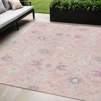 5' X 8' Pink Purple And Gray Oriental Washable Indoor Outdoor Area Rug