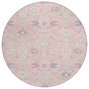 8' Pink Purple And Gray Round Oriental Washable Indoor Outdoor Area Rug