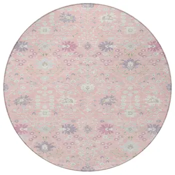 8' Pink Purple And Gray Round Oriental Washable Indoor Outdoor Area Rug