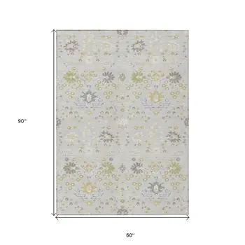 5' X 8' Silver Gray And Gold Oriental Washable Indoor Outdoor Area Rug