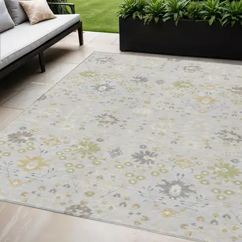 5' X 8' Silver Gray And Gold Oriental Washable Indoor Outdoor Area Rug
