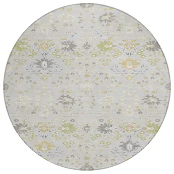 8' Silver Gray And Gold Round Oriental Washable Indoor Outdoor Area Rug