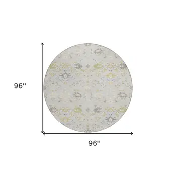 8' Silver Gray And Gold Round Oriental Washable Indoor Outdoor Area Rug