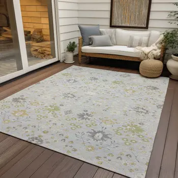 8' X 10' Silver Gray And Gold Oriental Washable Indoor Outdoor Area Rug