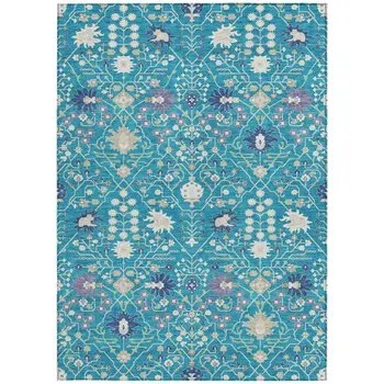 3' X 5' Teal Blue Purple And Ivory Oriental Washable Indoor Outdoor Area Rug