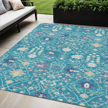 5' X 8' Teal Blue Purple And Ivory Oriental Washable Indoor Outdoor Area Rug