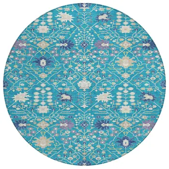 8' Teal Blue Purple And Ivory Round Oriental Washable Indoor Outdoor Area Rug