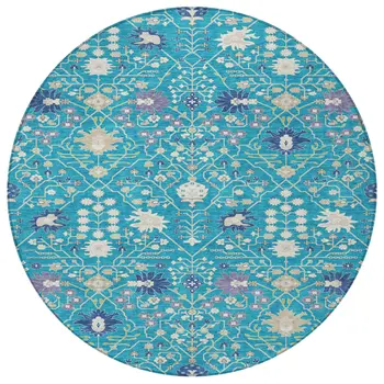 8' Teal Blue Purple And Ivory Round Oriental Washable Indoor Outdoor Area Rug