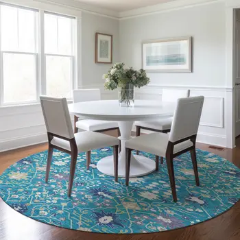 8' Teal Blue Purple And Ivory Round Oriental Washable Indoor Outdoor Area Rug