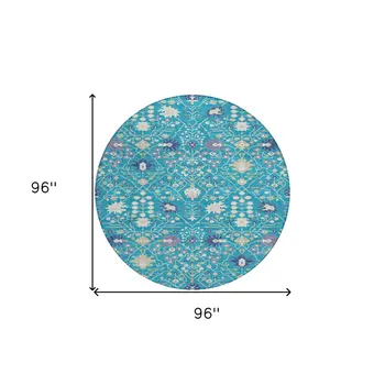 8' Teal Blue Purple And Ivory Round Oriental Washable Indoor Outdoor Area Rug