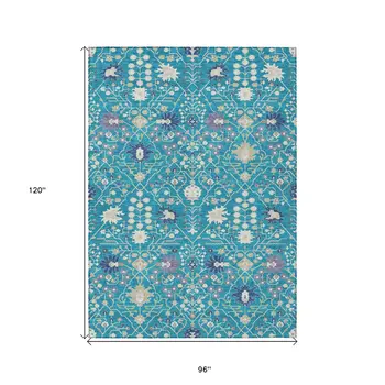 8' X 10' Teal Blue Purple And Ivory Oriental Washable Indoor Outdoor Area Rug