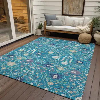 8' X 10' Teal Blue Purple And Ivory Oriental Washable Indoor Outdoor Area Rug